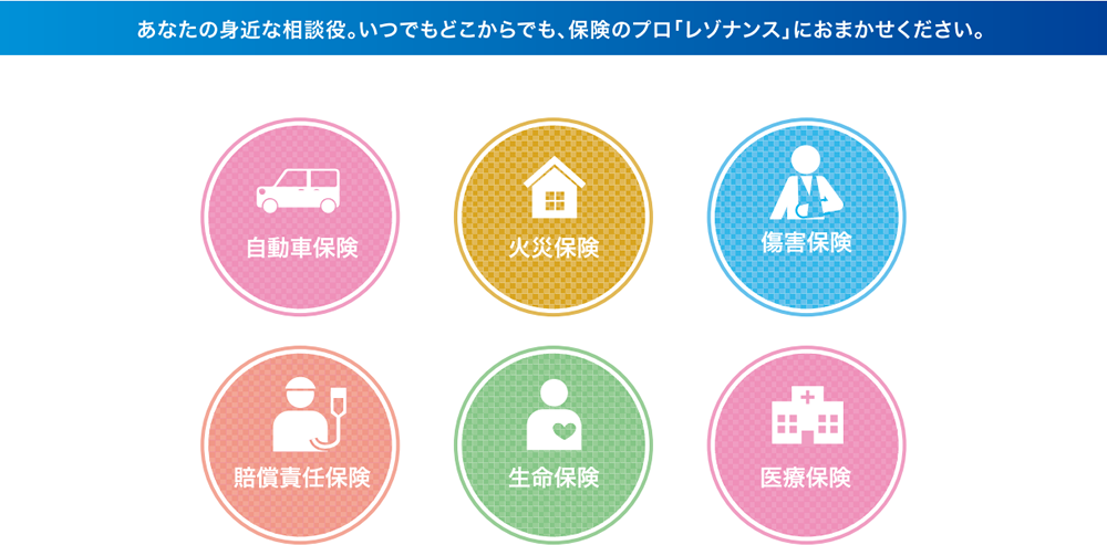 自動車保険、火災保険、傷害保険、賠償責任保険、生命保険、医療保険